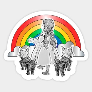 Little girl with dogs watching the rainbow Sticker